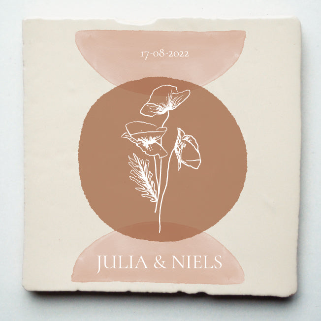 Huwelijk, bloem, bruidsboeket, gepersonaliseerd cadeau, tegeltje, augustus, bruiloft, trouwerij