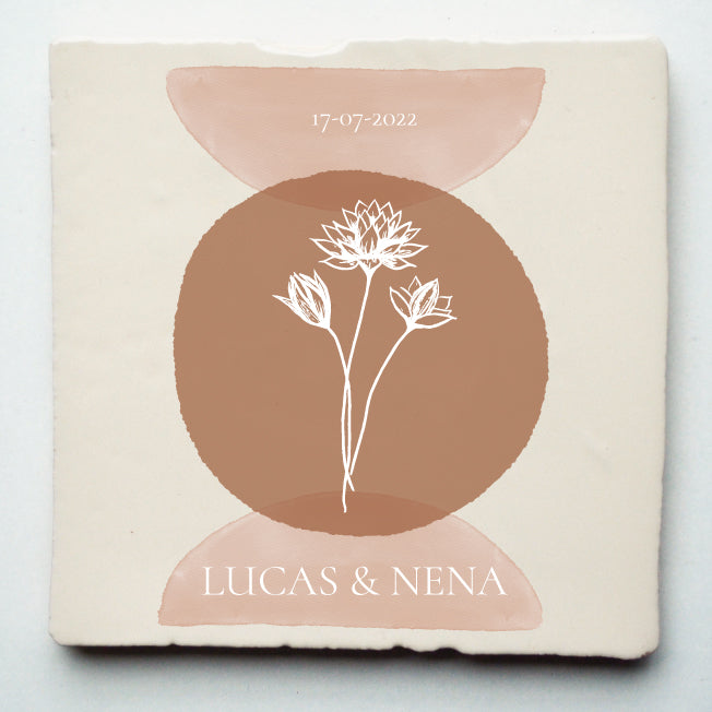 Huwelijk, bloem, bruidsboeket, gepersonaliseerd cadeau, tegeltje, juli, bruiloft, trouwerij